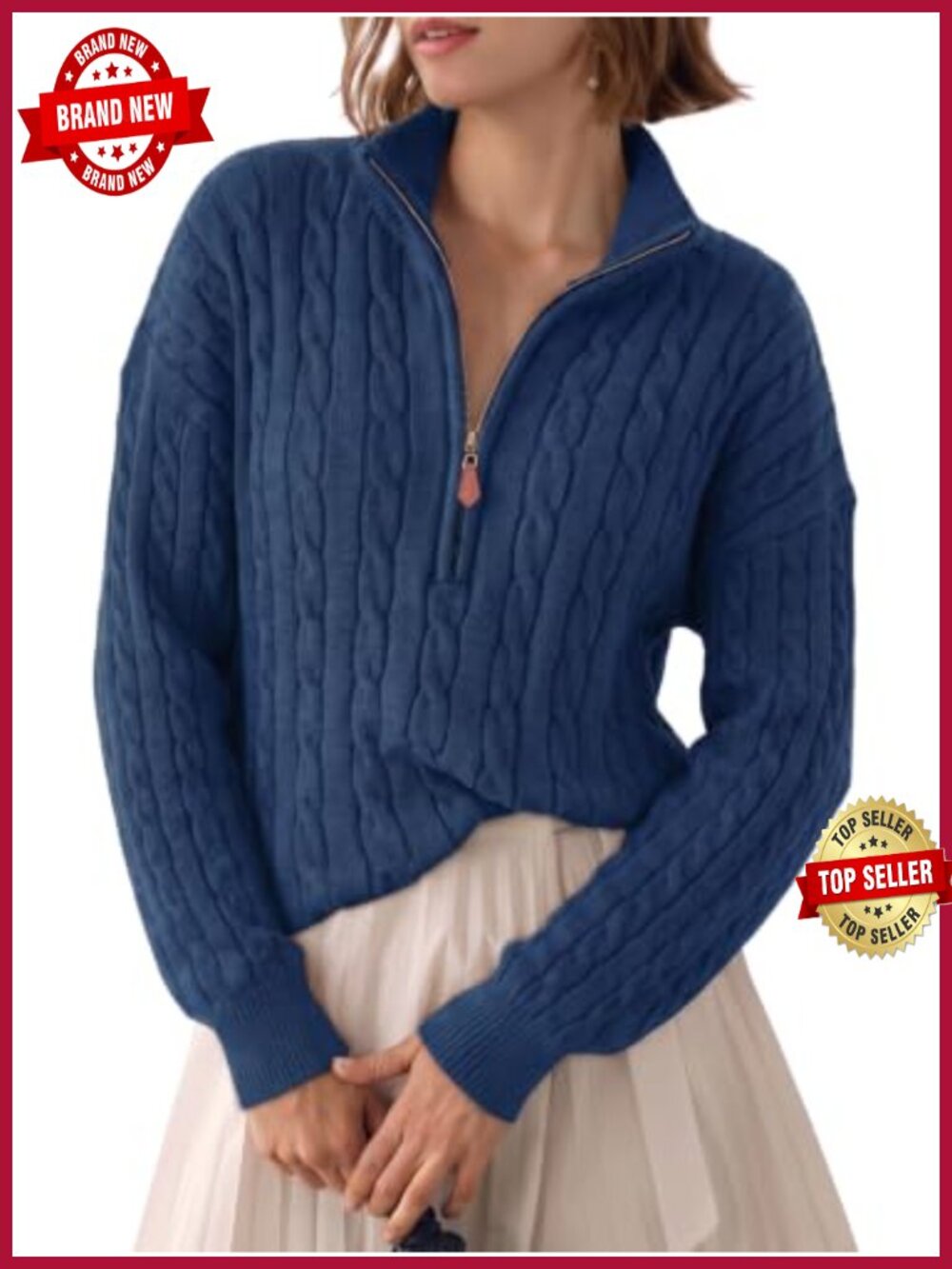 Cable Knit Quarter Zip Mock Neck Pullover Sweater Ribbed Women